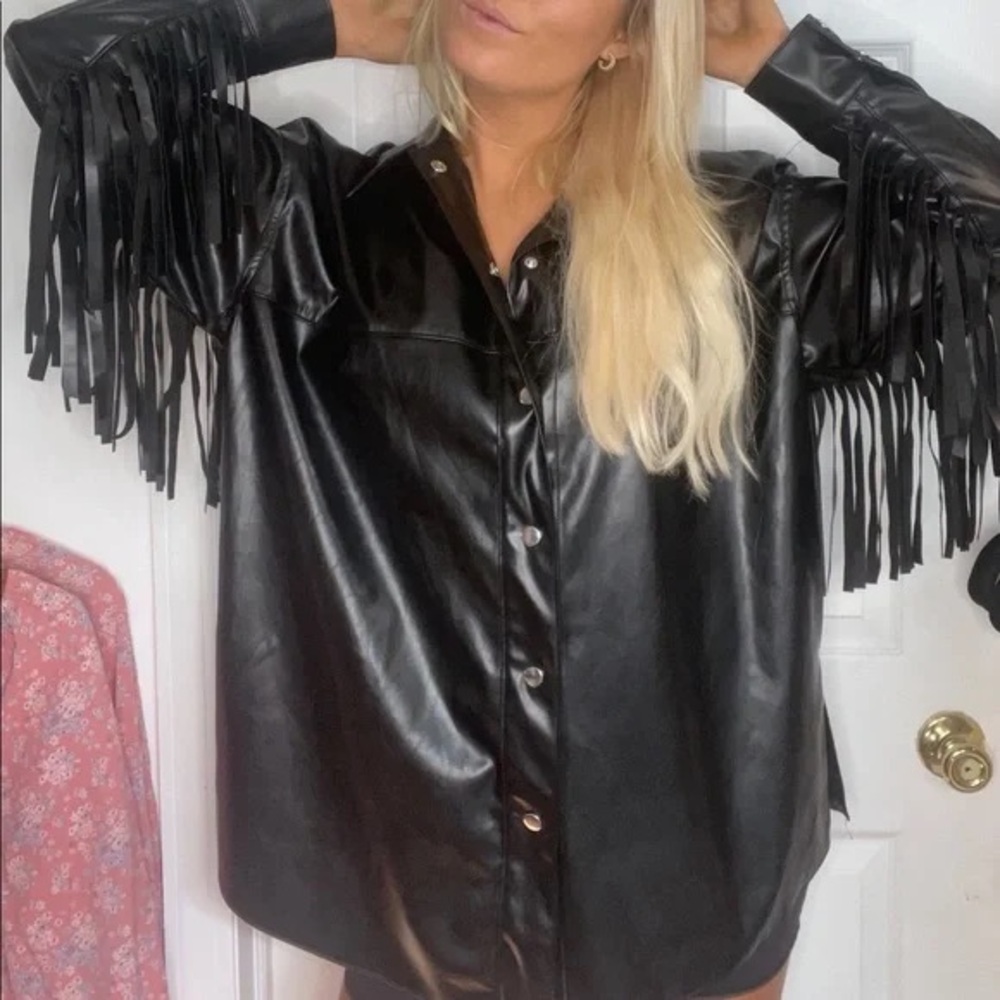 Women's Black Fringe Faux Leather Jacket - Picture 2 of 9